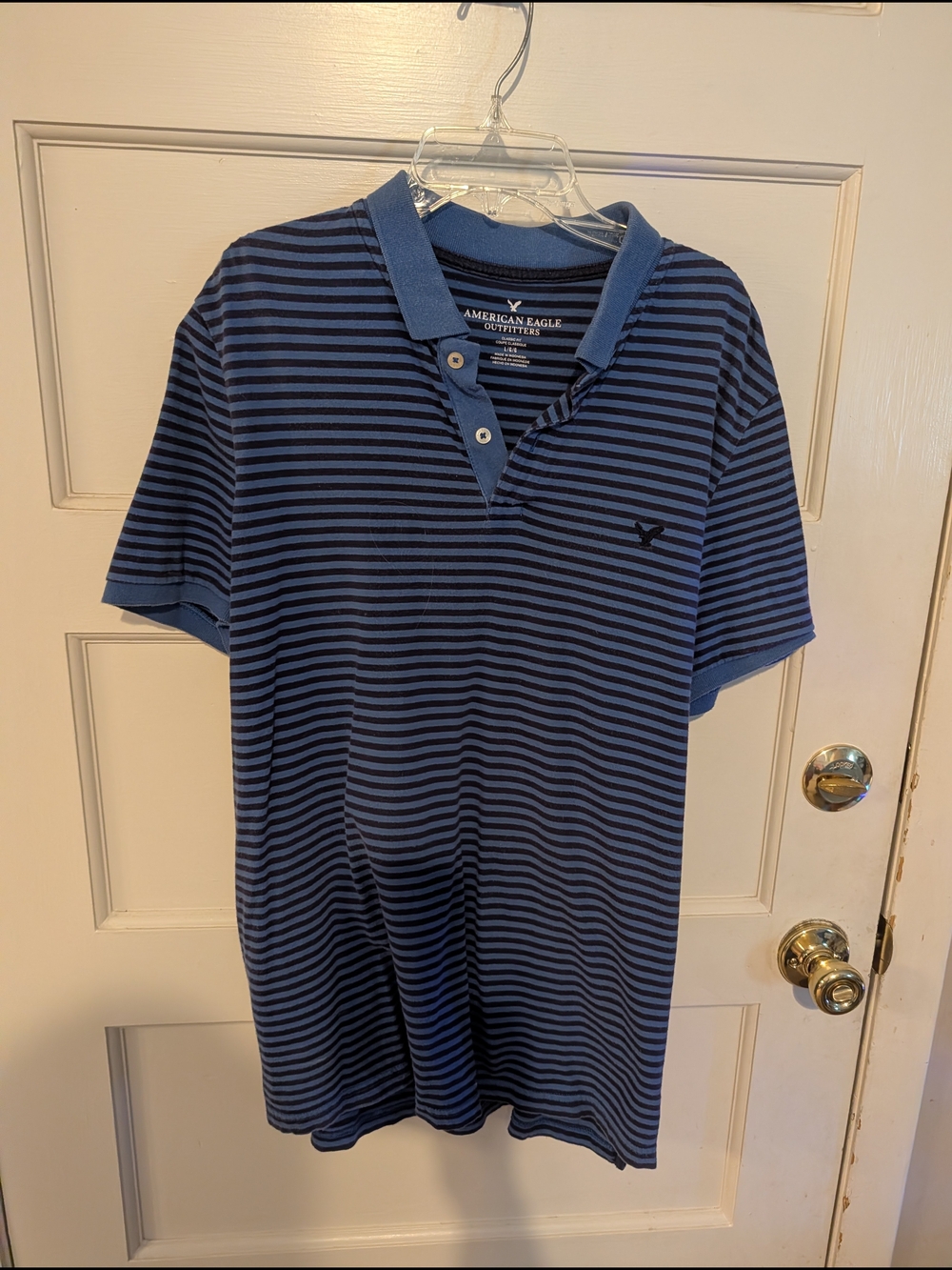 American Eagle Outfitters Navy and Light Blue Striped Polo